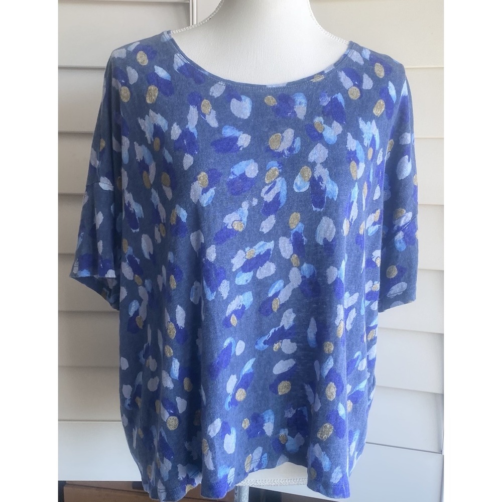 Poetry 100% Linen Blue Abstract Dot Top Women Plus 18 Artsy Boho Top Costal